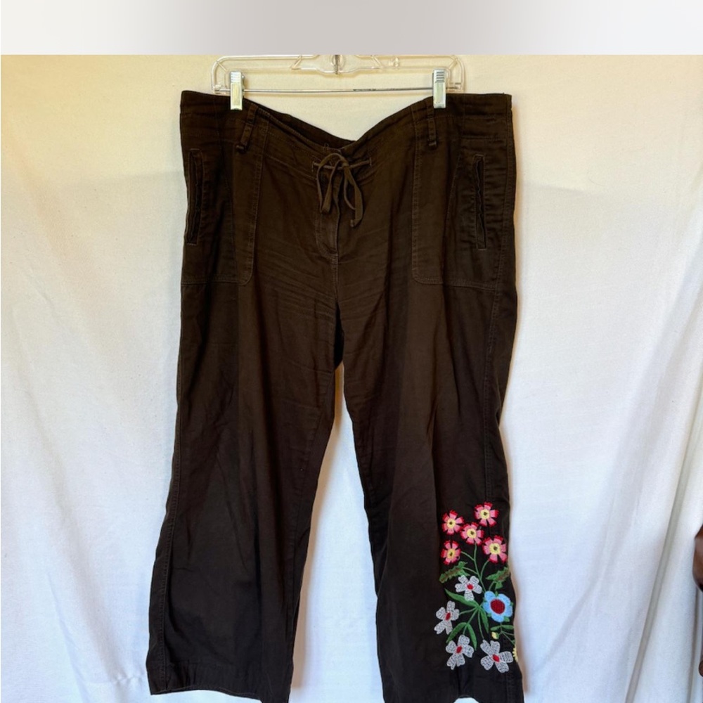 Johnny Was Dark Brown Pants with Floral Embroidery